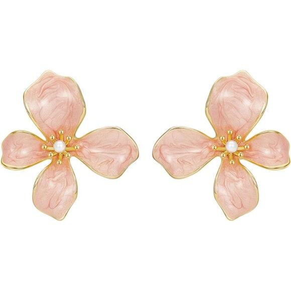Pink Flower Dangle Earrings – Elegant Pearl-Embellished Design - Picture 1 of 5